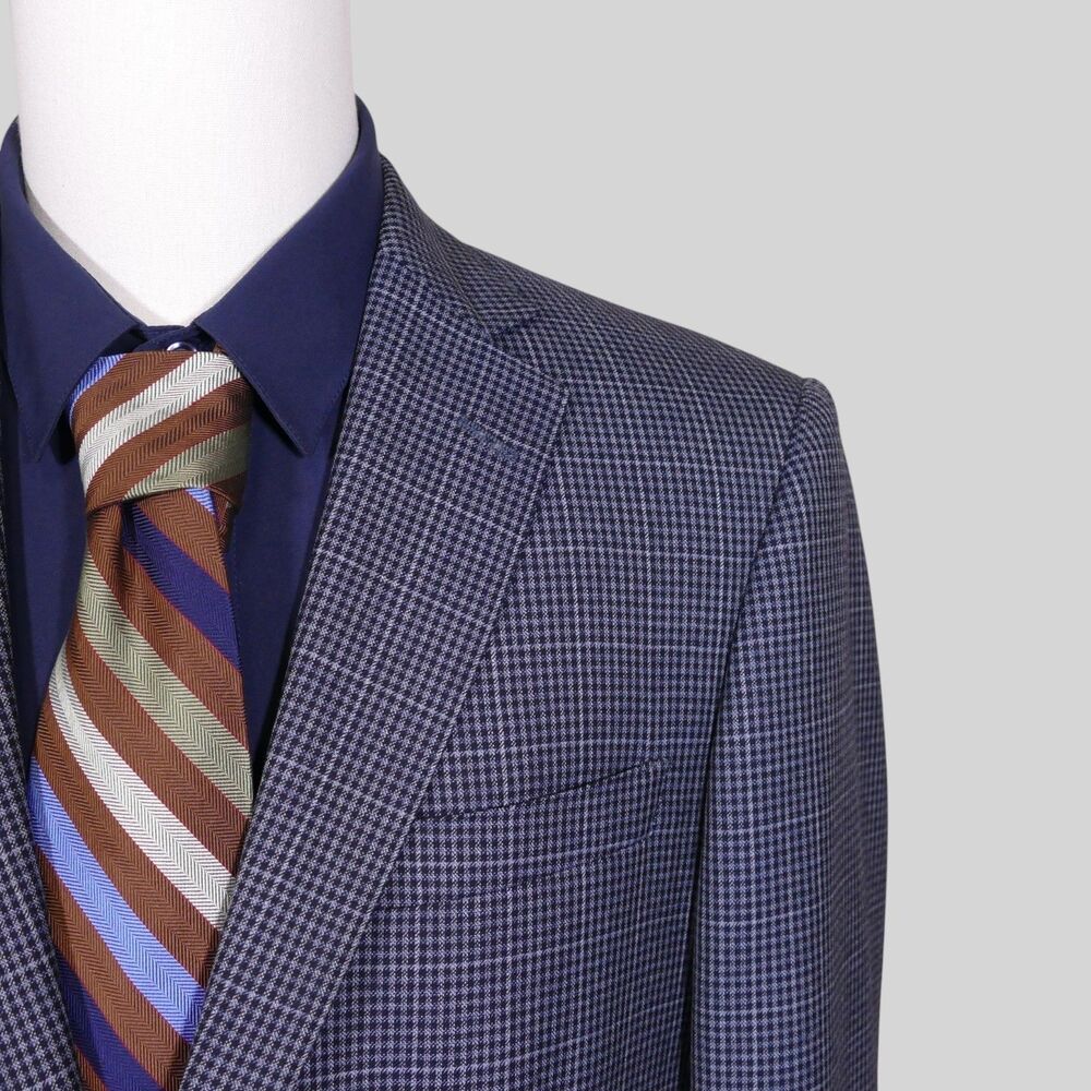 Hart Schaffner Marx Sport Coat Blazer Mens 42S Blue Houndstooth Two Button Wool